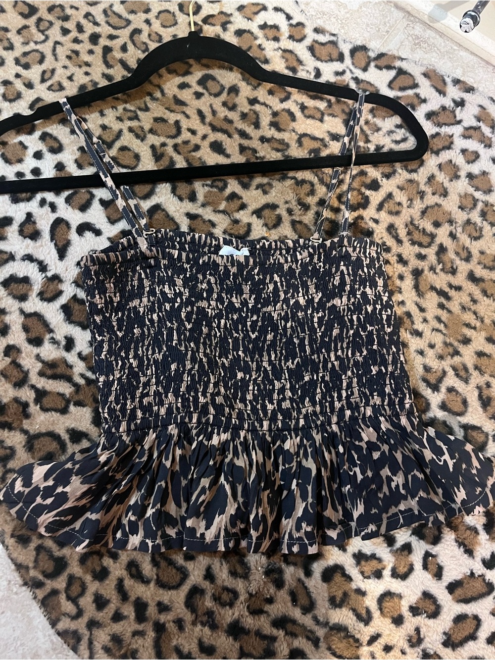 aerie Black and Tan Leopard Smocked Strapless Top